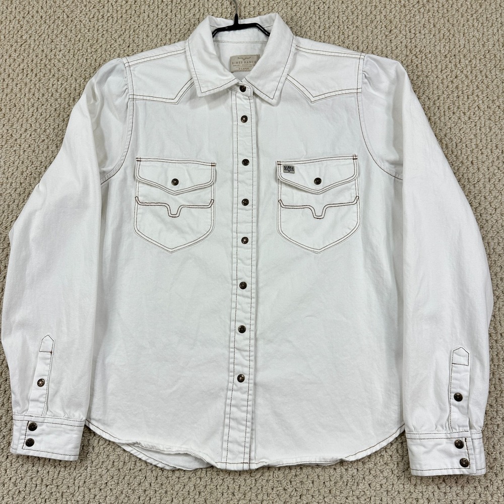 Kimes Ranch Shirt Womens XL White Brown Trim Snap Button Long Sleeve Jane Denim